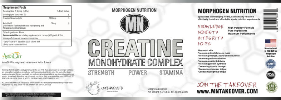 Official label of MN Morphogen Nutrition Creatine Monohydrate Complex Unflavored (NIH DSLD #261120)