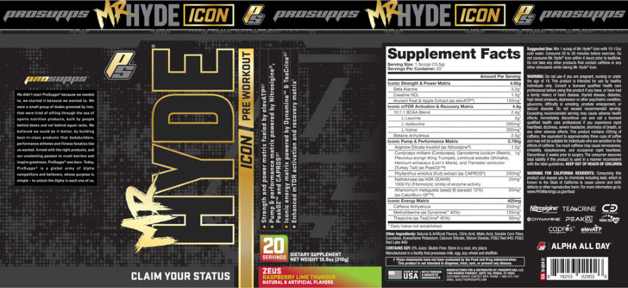 Official label of PS ProSupps Mr Hyde Icon Pre Workout Zeus Raspberry Lime Thunder (NIH DSLD #261158)