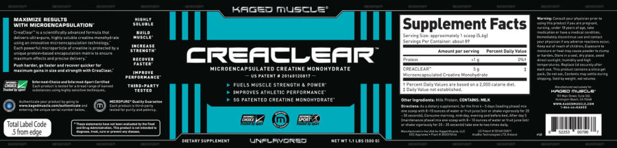 Official label of Kaged Muscle CreaClear Unflavored (NIH DSLD #261262)