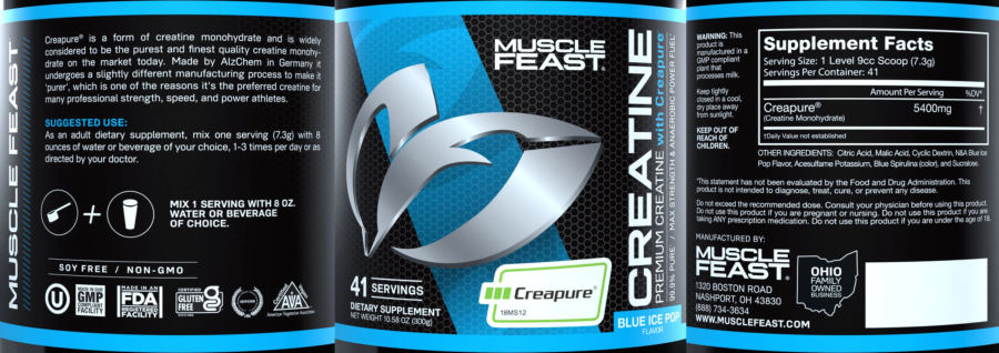 Official label of Muscle Feast Creatine Blue Ice Pop Flavor (NIH DSLD #261591)
