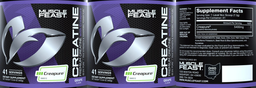 Official label of Muscle Feast Creatine Grape Flavor (NIH DSLD #261593)