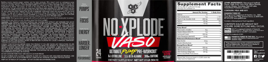 Official label of BSN N.O. - XPLODE VASO Cherry Bomb (NIH DSLD #263973)