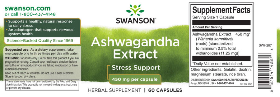 Official label of Swanson Ashwagandha Extract 450 mg (NIH DSLD #265002)