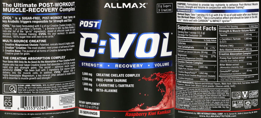 Official label of ALLMAX C:VOL Raspberry Kiwi Kamikaze (NIH DSLD #265570)
