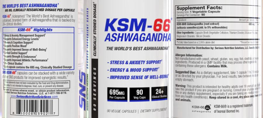 Official label of SNS Serious Nutrition Solutions KSM-66 Ashwagandha (NIH DSLD #266089)