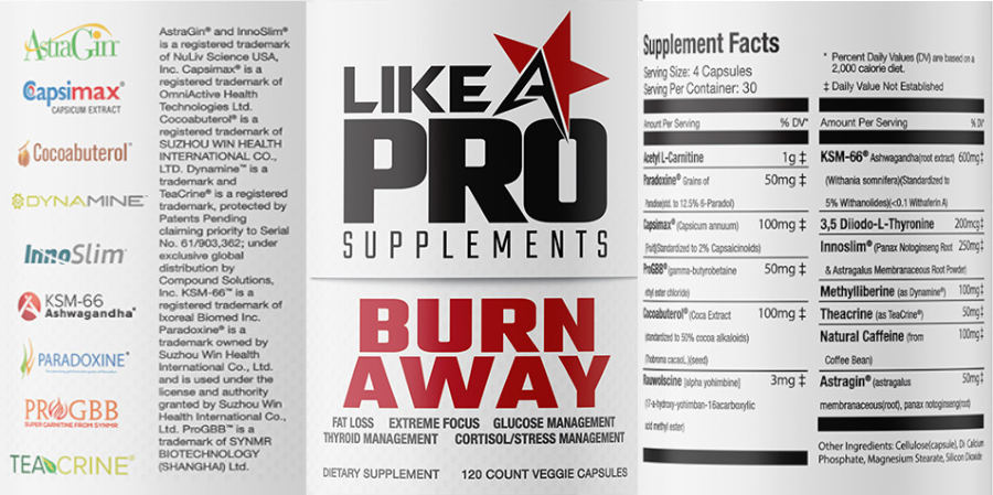 Official label of Like A Pro Supplements Burn Away (NIH DSLD #267350)