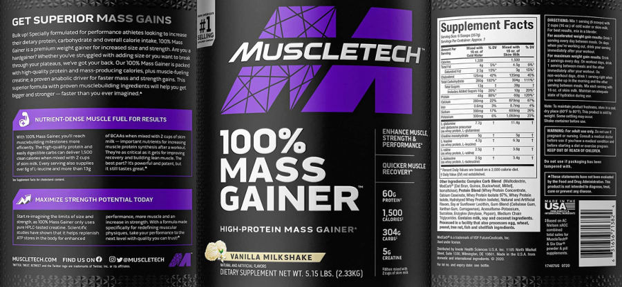 Official label of MusclTech 100% Mass Gainer Vanilla Milkshake (NIH DSLD #267861)