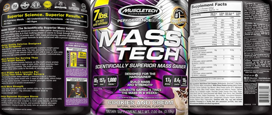 Official label of MuscleTech Mass Tech Cookies and Cream (NIH DSLD #267879)
