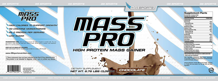 Official label of G6 Sports Mass Pro High Protein Mass Gainer Chocolate (NIH DSLD #267987)