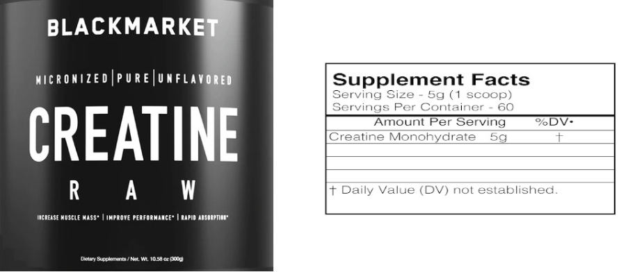 Official label of BlackMarket Creatine Unflavored (NIH DSLD #268020)