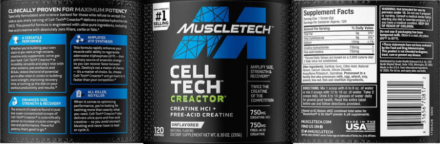Official label of MuscleTech Cell Tech Creactor Unflavored (NIH DSLD #268027)