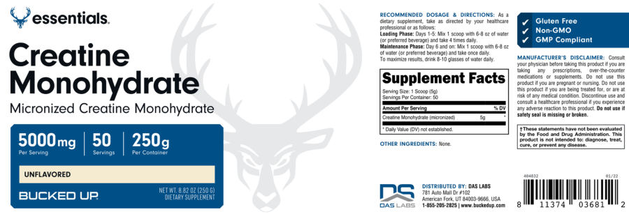 Official label of Bucked Up Essentials Creatine Monohydrate Unflavored (NIH DSLD #268659)