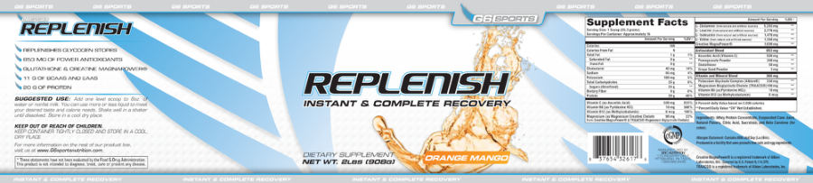 Official label of G6 Sports Replenish Orange Mango (NIH DSLD #269005)