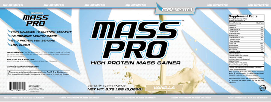 Official label of G6 Sports Mass Pro Vanilla (NIH DSLD #269038)