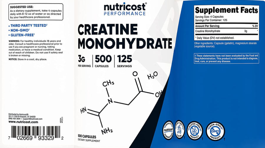 Official label of Nutricost Creatine Monohydrate 3 g (NIH DSLD #269425)