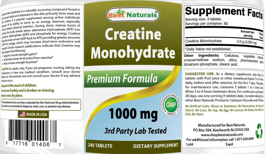 Official label of Best Naturals Creatine Monohydrate 1000 mg (NIH DSLD #269474)