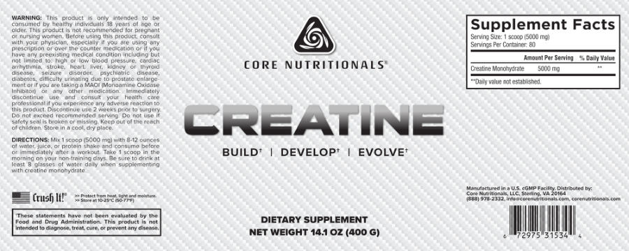 Official label of Core Nutritionals Creatine (NIH DSLD #269777)
