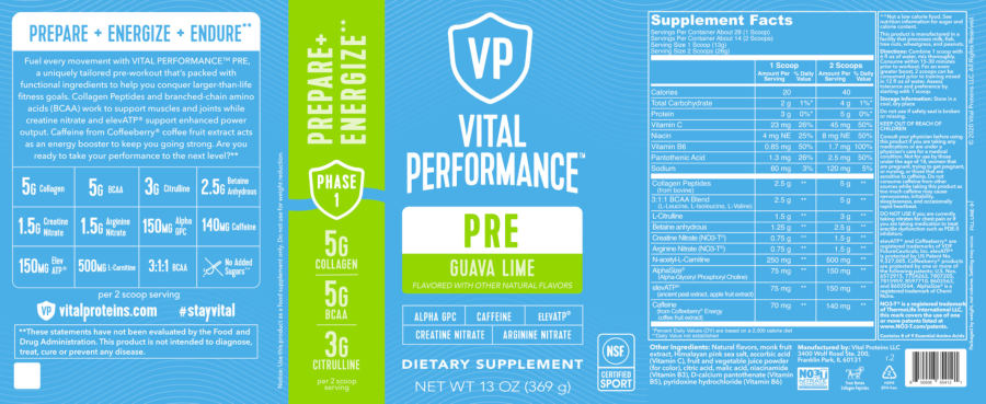 Official label of Vital Performance PRE Guava Lime (NIH DSLD #269828)