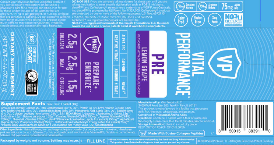 Official label of Vital Performance PRE Lemon Grape (NIH DSLD #269903)