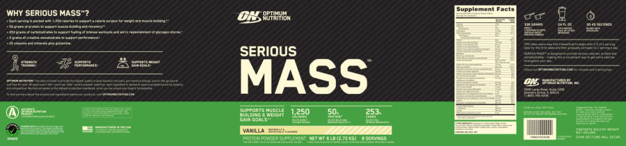 Official label of Optimum Nutrition Serious Mass Vanilla (NIH DSLD #270138)