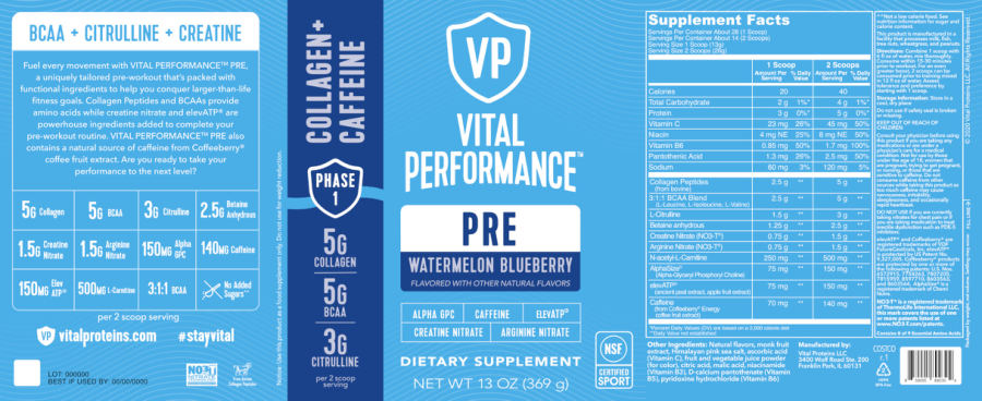 Official label of Vital Performance PRE Watermelon Blueberry (NIH DSLD #270182)