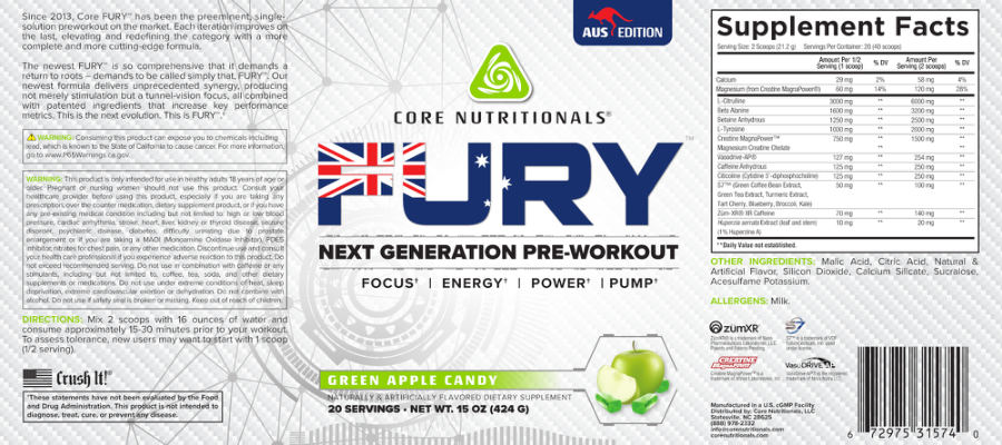 Official label of Core Nutritionals FURY Green Apple Candy (NIH DSLD #270214)