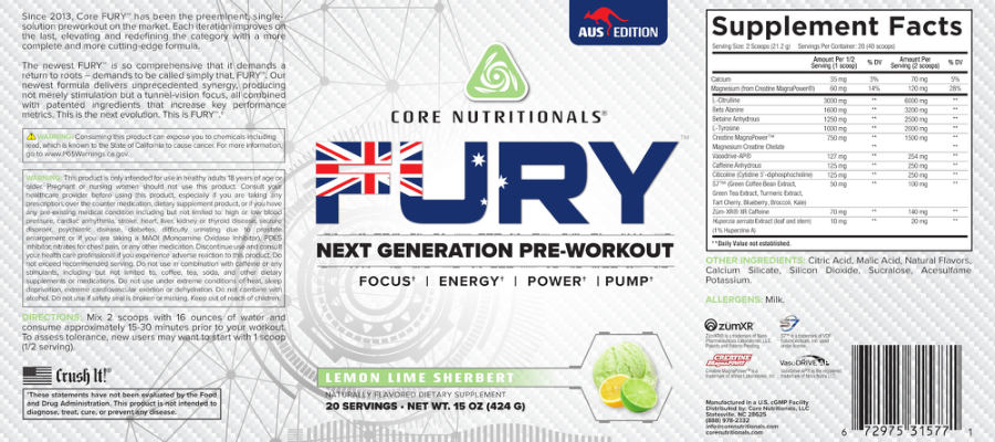 Official label of Core Nutritionals FURY Lemon Lime Sherbert (NIH DSLD #270216)