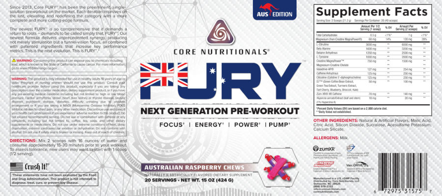 Official label of Core Nutritionals FURY Australian Raspberry Chews (NIH DSLD #270217)