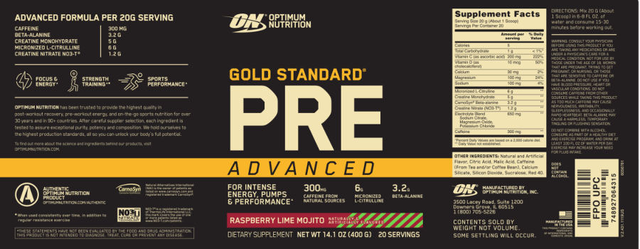 Official label of Optimum Nutrition Gold Standard Pre Advanced Raspberry Lime Mojito (NIH DSLD #270439)