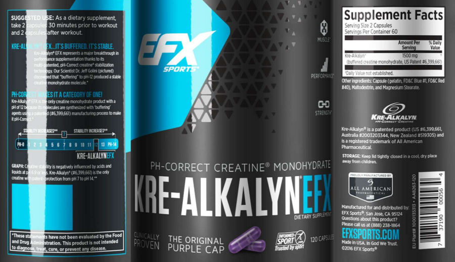 Official label of EFX Sports Kre-Alkalyn EFX (NIH DSLD #270924)