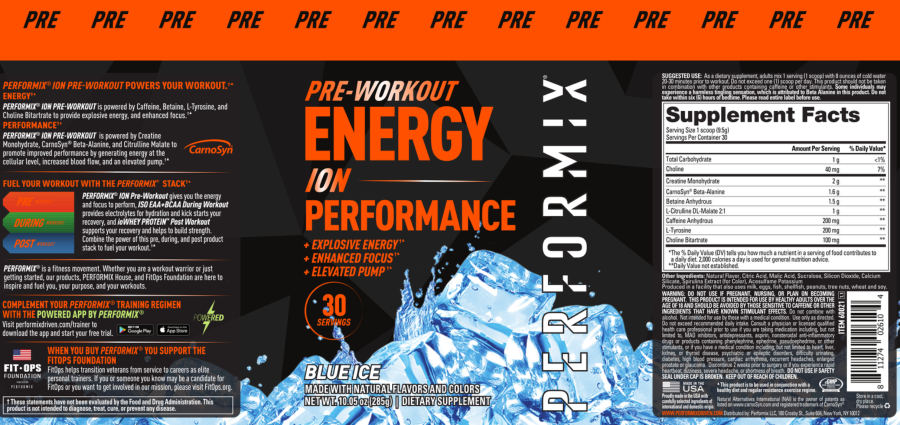 Official label of Performix ION Pre-Workout Blue Ice (NIH DSLD #270994)