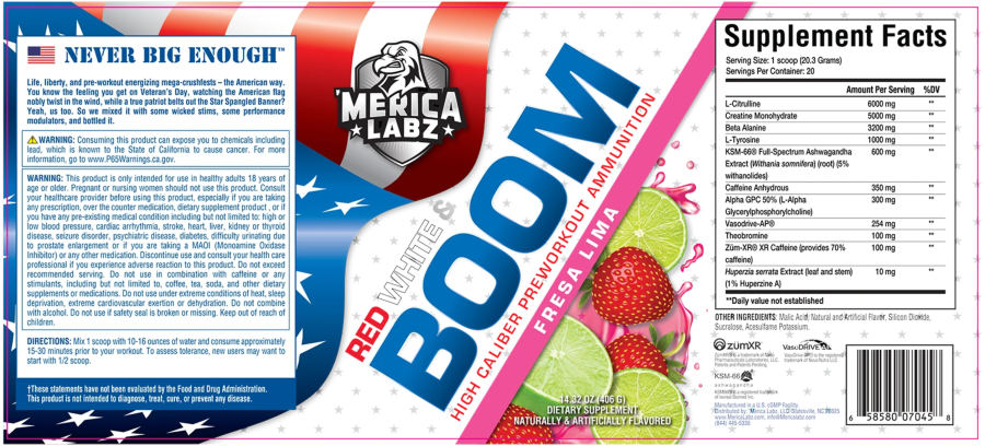 Official label of 'Merica Labz Red White & Boom Fresa Lima (NIH DSLD #271644)