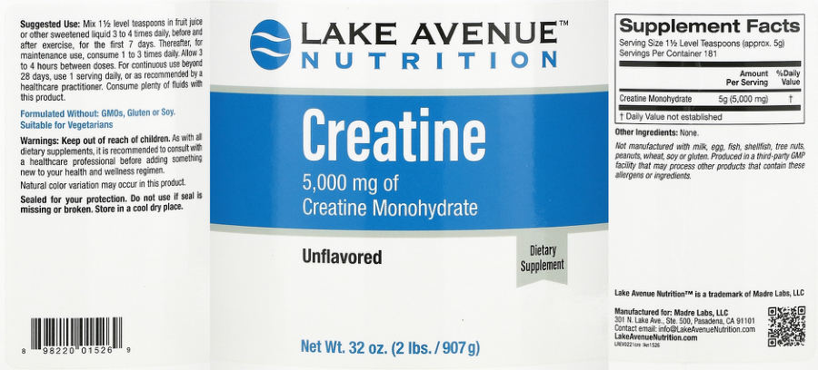 Official label of Lake Avenue Nutrition Creatine 5,000 mg Unflavored (NIH DSLD #272315)