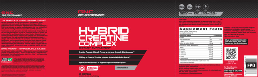 Official label of GNC Pro Performance Hybrid Creatine Complex Unflavored (NIH DSLD #27358)