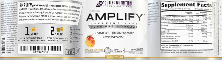Official label of Cutler Nutrition Amplify Pump Pre Workout Peach Mango (NIH DSLD #275689)