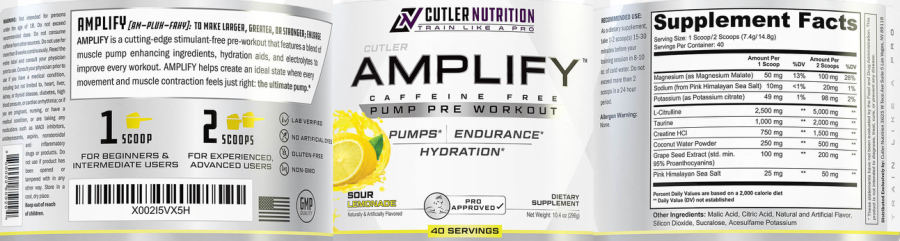 Official label of Cutler Nutrition Amplify Pump Pre Workout Sour Lemonade (NIH DSLD #275692)