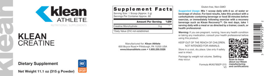 Official label of Klean Athlete Klean Creatine (NIH DSLD #276540)
