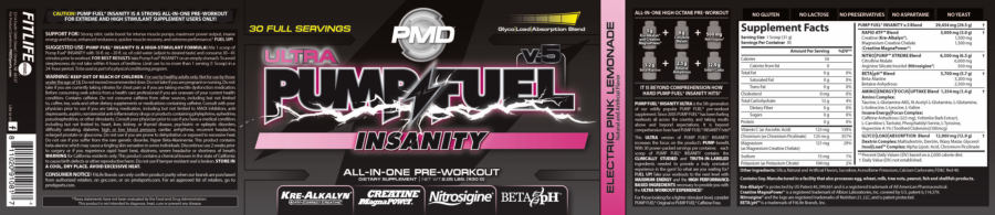 Official label of PMD Ultra Pump Fuel v.5 Insanity Electric Pink Lemonade (NIH DSLD #277302)