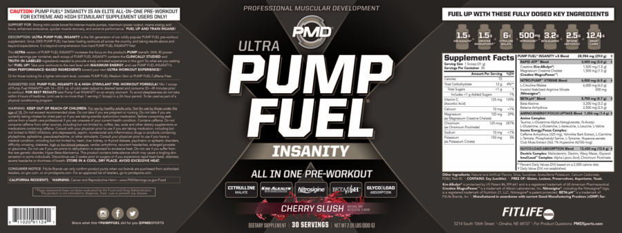 Official label of PMD Ultra Pump Fuel Insanity Cherry Slush (NIH DSLD #277315)