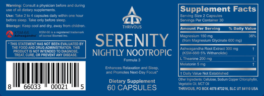Official label of Thrivous Serenity Nightly Nootropic (NIH DSLD #277319)