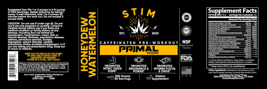 Official label of Primal Pharm STIM Honeydew Watermelon (NIH DSLD #277564)