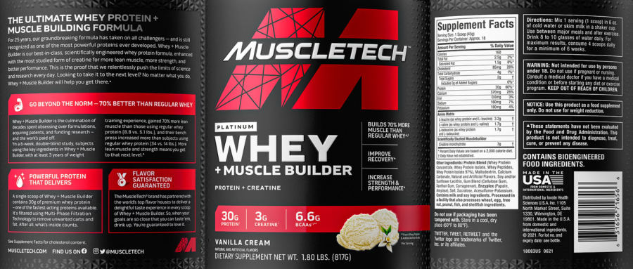 Official label of MuscleTech Whey + Muscle Builder Vanilla Cream (NIH DSLD #277713)