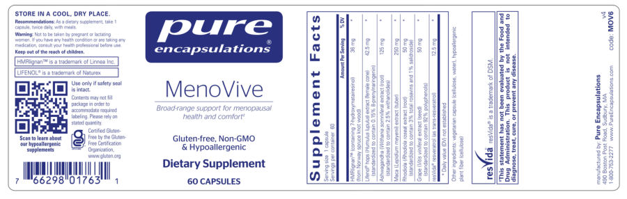Official label of Pure Encapsulations MenoVive (NIH DSLD #277775)