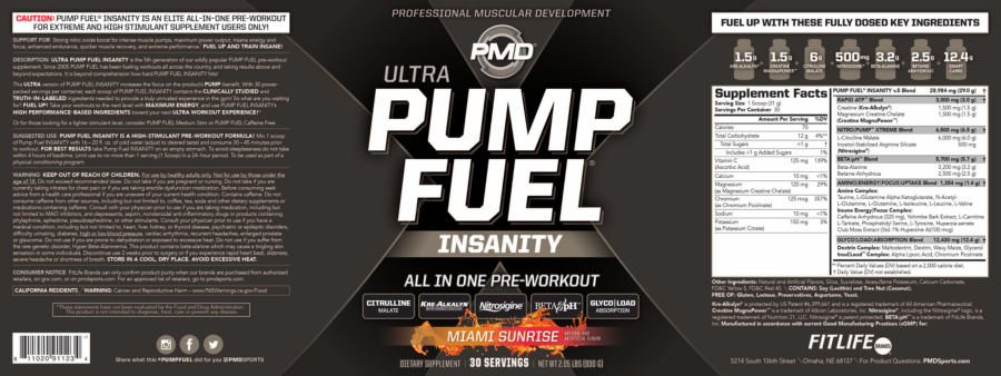 Official label of PMD Ultra Pump Fuel Insanity Miami Sunrise (NIH DSLD #278409)