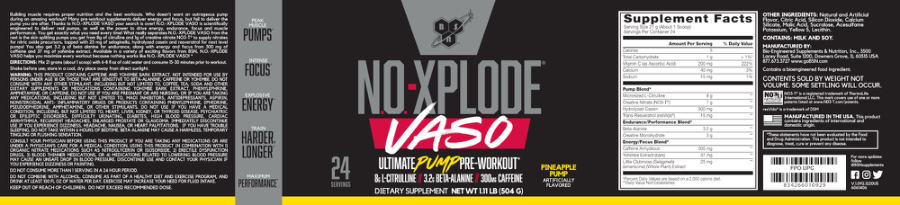 Official label of BSN N.O.-Xplode Vaso Pineapple Pump (NIH DSLD #278661)