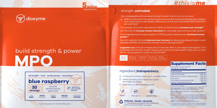 Official label of Dioxyme MPO Blue Raspberry (NIH DSLD #282184)