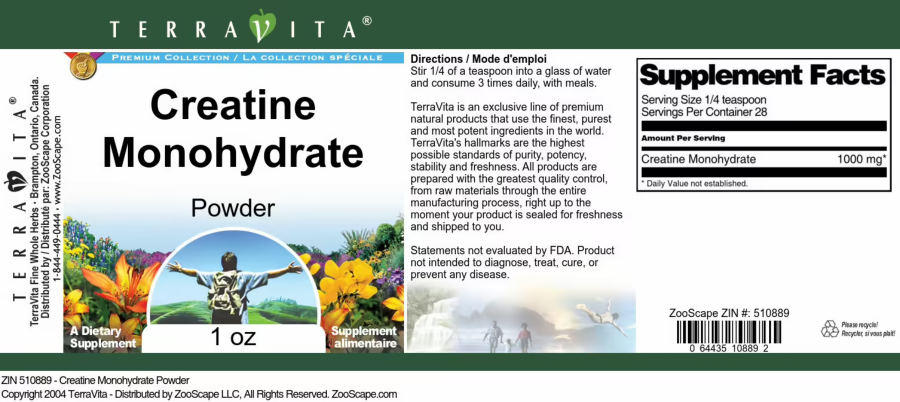 Official label of TerraVita Premium Collection Creatine Monohydrate Powder (NIH DSLD #282205)