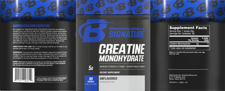 Official label of Bodybuilding.com Signature Creatine Monohydrate 5g Unflavored (NIH DSLD #282408)