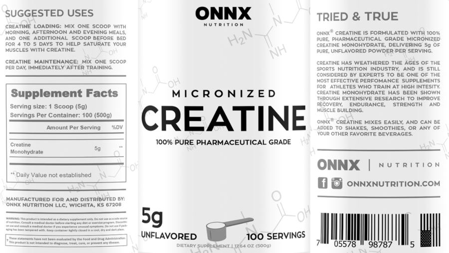 Official label of ONNX Nutrition Creatine 5 g Unflavored (NIH DSLD #282450)