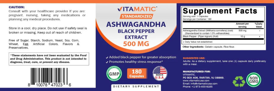 Official label of Vitamatic Ashwagandha Black Pepper Extract 500 mg (NIH DSLD #283010)